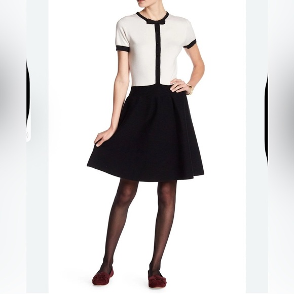 Kate Spade Ivory Black Fit N Flare Short Sleeve Sweater Dress Mini Short Stretch - Picture 1 of 12